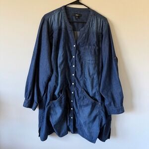 Ellos Womens Denim Tunic Shirt Dark Wash Blue Roll Tab Sleeve Button Front 22/24